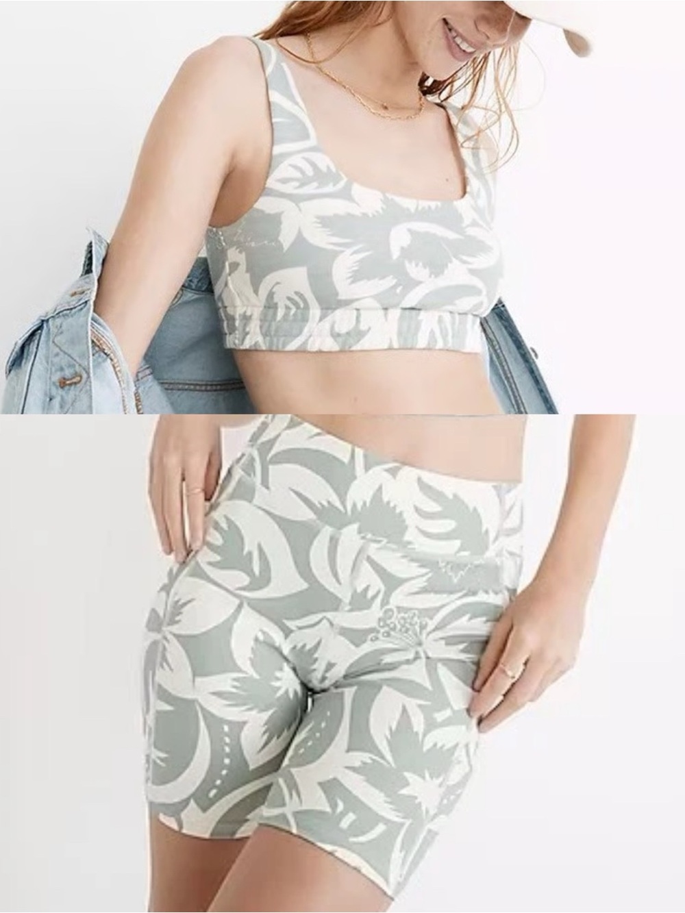 Madewell MWL Crop Sweatshirt Bra & Biker Shorts Set, Green Tropicale Floral – XS